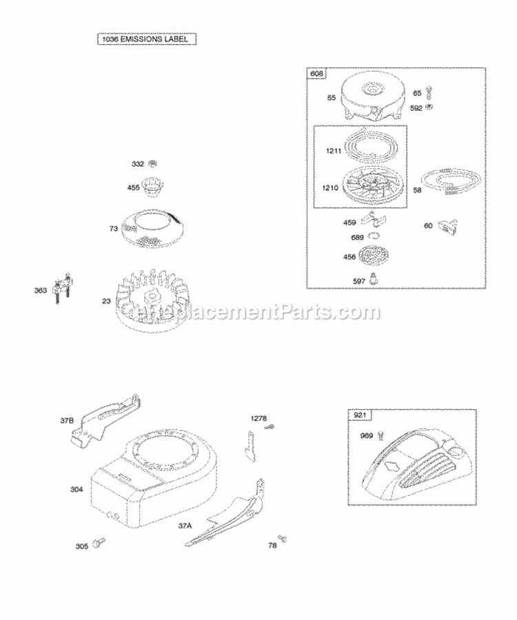Blower HousingShrouds Flywheel Rewind Starter Diagram and Parts List for 10M912-0005-E1  Briggs and Stratton Engine